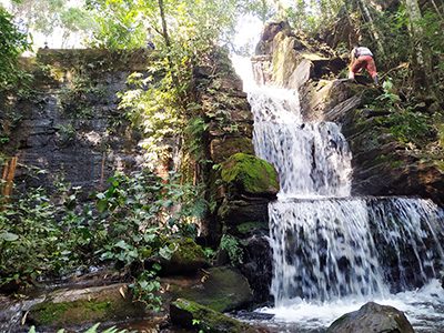 Ruínas de construção em pedra na Fazenda do Cutão, cercadas por vegetação.