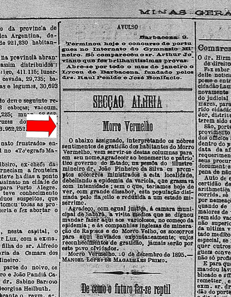 Recorte de página de jornal antigo com uma coluna intitulada Morro Vermelho, dentro da seção Secção Alheia do jornal Minas Geraes.